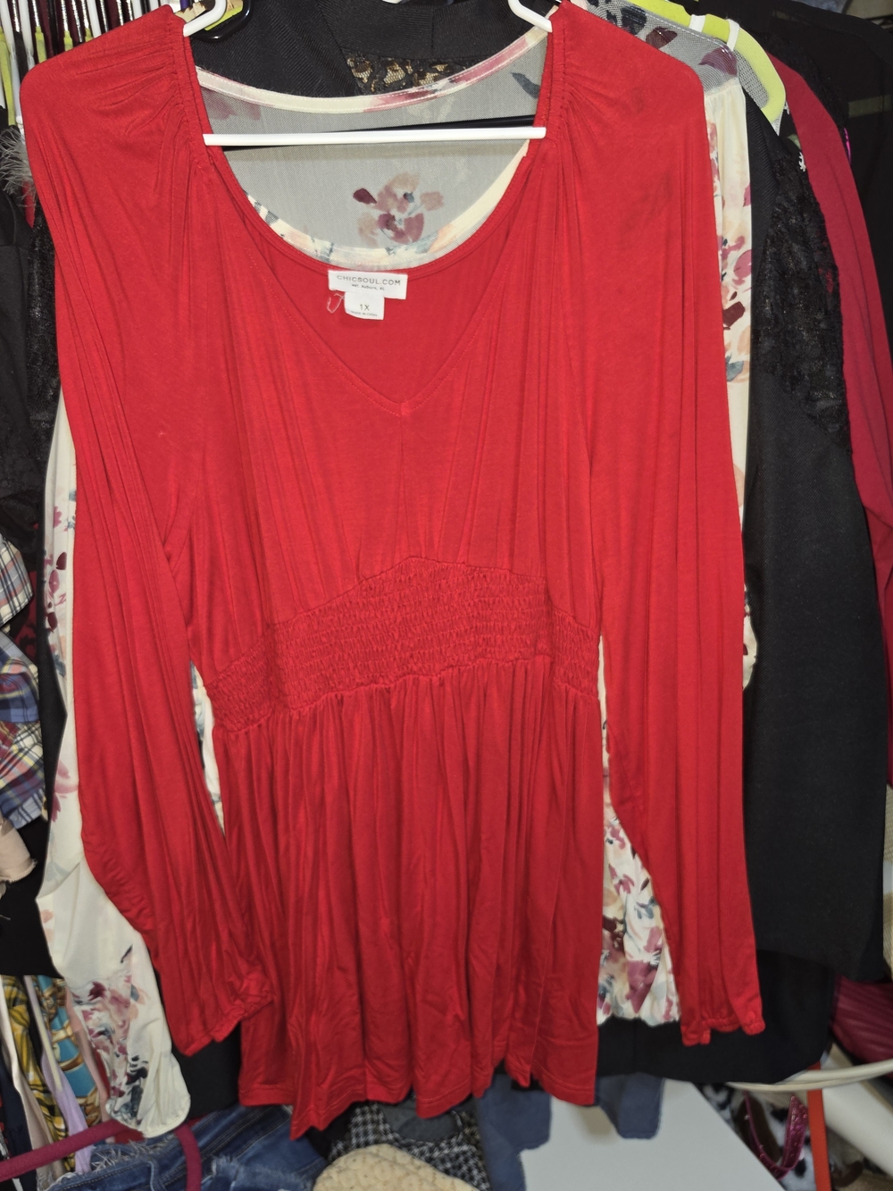 CHIC SOUL 1x  Red Long-Sleeve Smocked Waist Women's Top